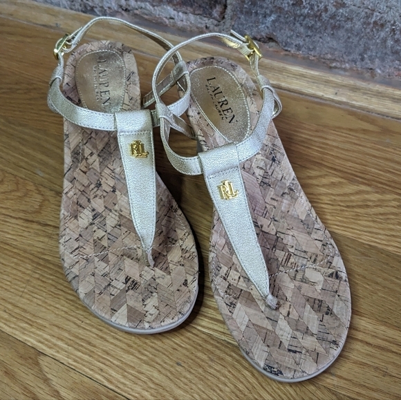 Lauren Ralph Lauren Size 8B Muted Gold Cork Wedge Sandals w/ Gold Accents‎ - Picture 1 of 10